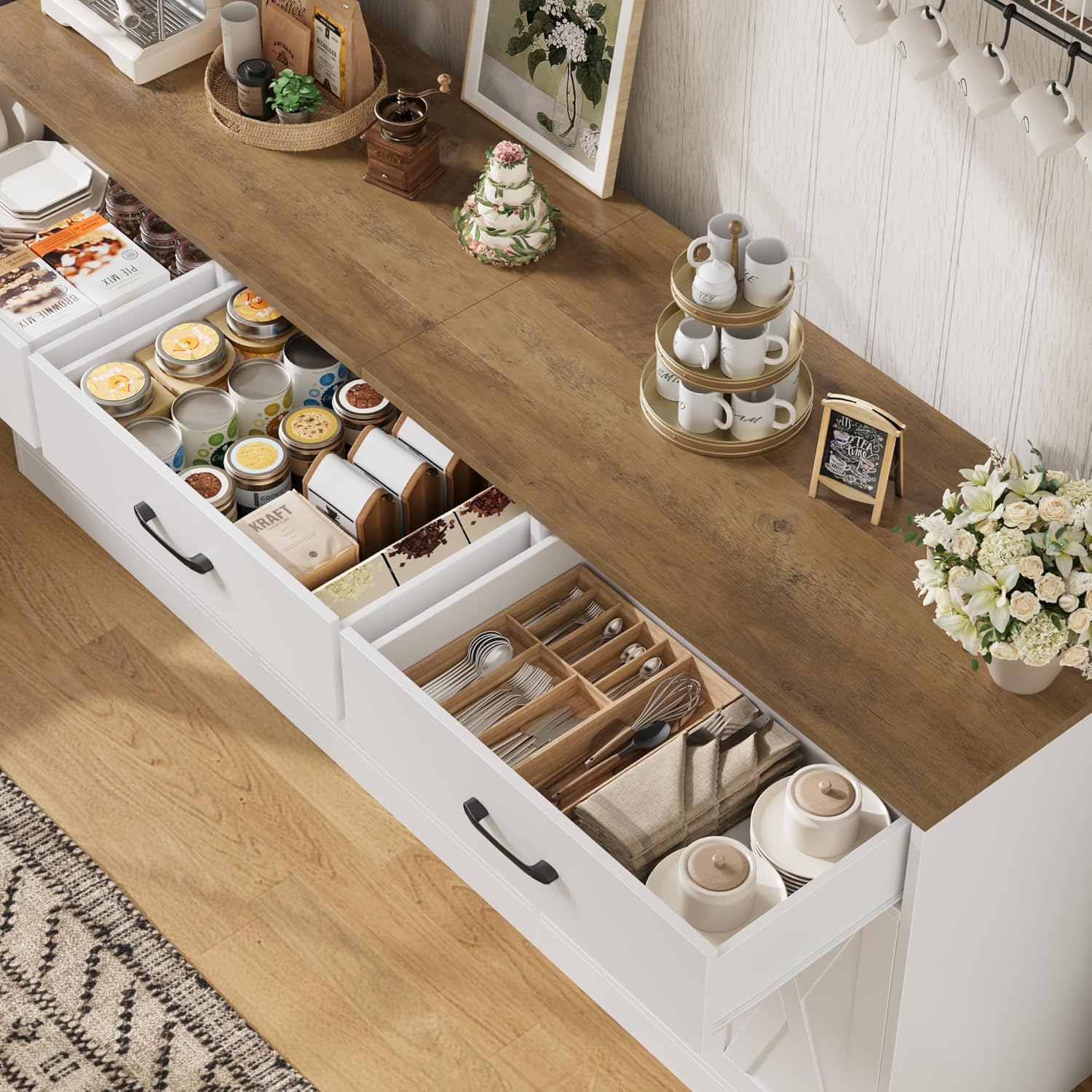 HOSTACK 71" Large Sideboard Buffet Cabinet with Storage, Farmhouse Coffee Bar Cabinet with 3 Drawers, Long Kitchen Buffet Table, Kitchen Sideboard Storage Cabinet for Dining Room, Living Room, White