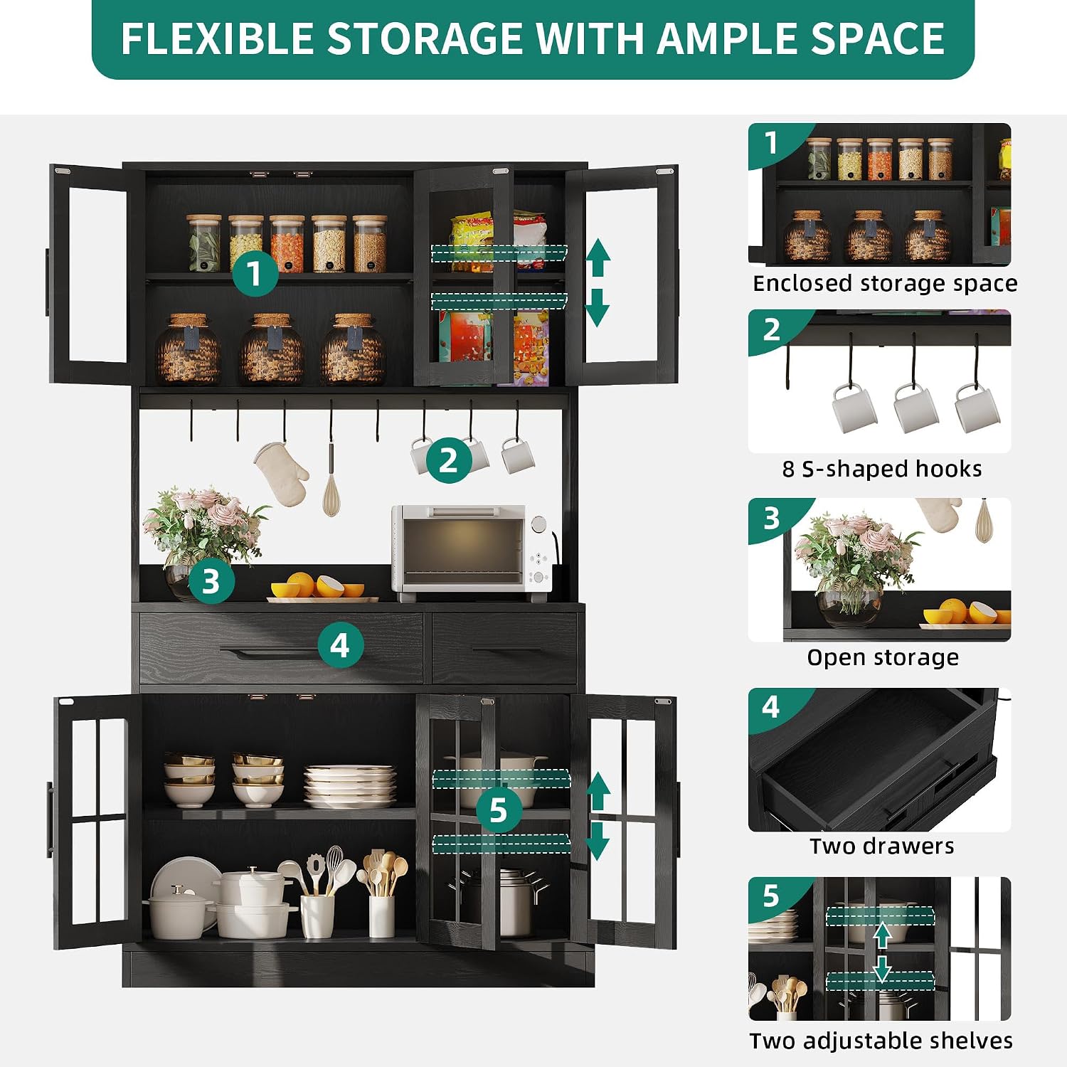 YITAHOME 71" Tall Kitchen Pantry Cabinet with Microwave Stand & Built-in Power Outlet, Buffet Cupboard with Acrylic Doors, Drawers and 8 Hanging Hooks for Kitchen, Dining Room, Living Room, Black Oak