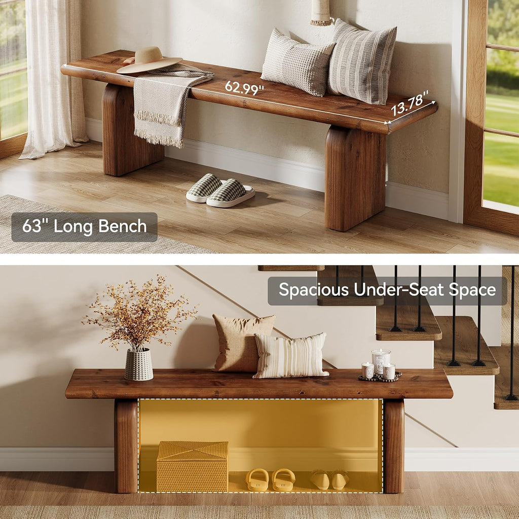 62.99-Inch Solid Wood Entryway Bench, Farmhouse Indoor Wooden End of Bed Bench for Entryway, Hallway, Bedroom, Dining Room, Living Room, Easy Assembly, Rustic Brown