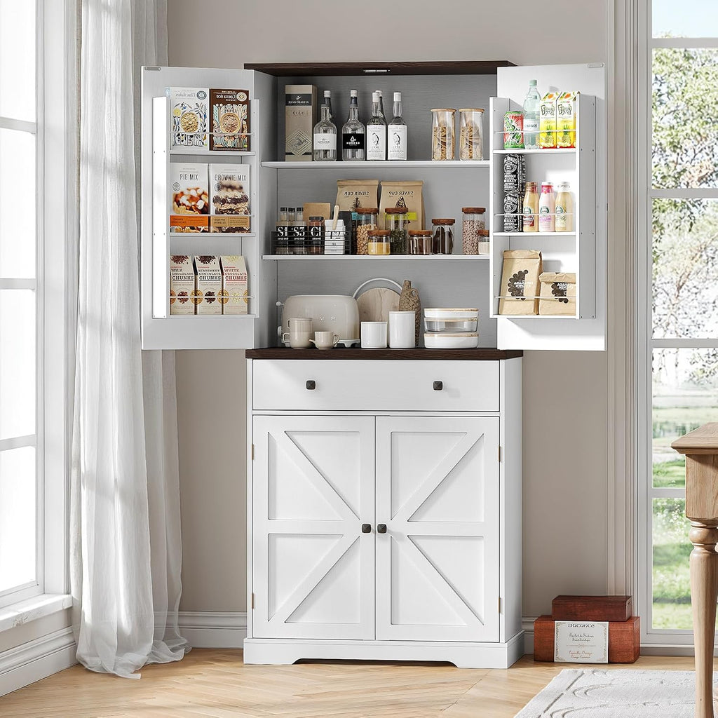 ONBRILL 71" Tall Farmhouse Kitchen Pantry Cabinet with 6 Door Shelves & Drawer, Wood Pantry Storage Cabinet with 2 Adjustable Shelves & 4 Barn Doors, Freestanding Cupboard for Kitchen, Dining Room