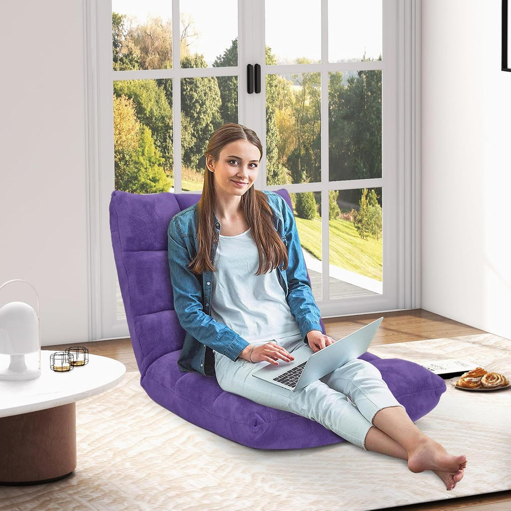 MAT EXPERT Floor Chair with Back Support, Floor Gaming Chair w/ 14 Adjustable Position, Soft Coral Fleece&Alloy Steel Frame, Foldable Padded Lazy Couch Recliner for Meditating (Violet, Large)