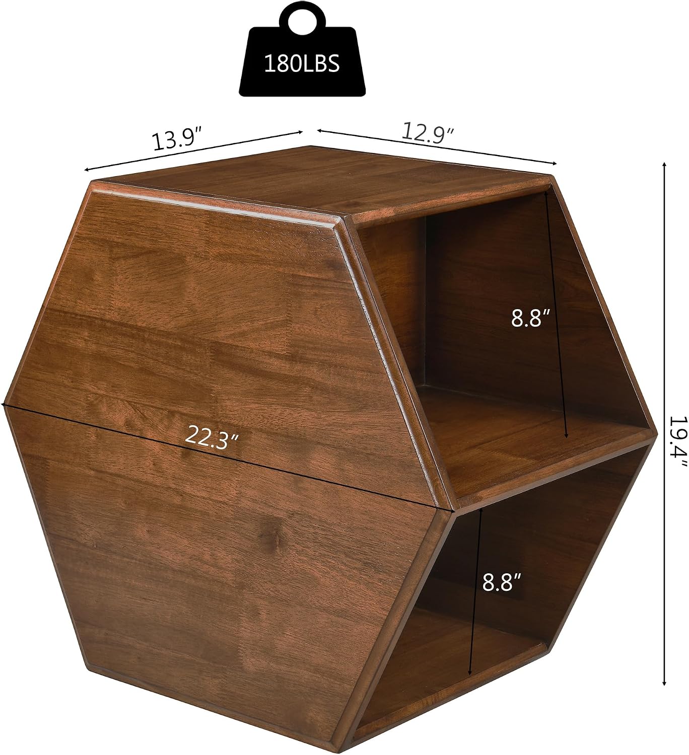 LEEMTORIG Hexagonal Narrow Solid Wood End Table, Multi Purpose Coffee Table with 2-Tier Storage Shelves, Modern Cherry Walnut Side Table for Living Room, 22.3" Dx13.9 Wx19.4 H, No Assembly, CJ-005