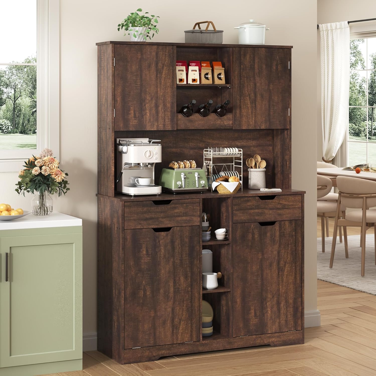 71"H Kitchen Pantry Storage Cabinet with Power Outlets and Two Drawers,10X2 Gallon Kitchen Hidden Double Tilt Out Trash Can Cabinet with Trash Bin Storage Holders,Laundry Hamper Cabinets(Brown)