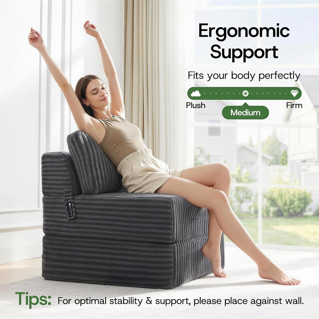4-in-1 Folding Sofa Bed Convertible Boneless Sleeper Chair Couch Foldable Lounger & Mattress Pocket Coil & Foam Fill Medium Support, Portable No Assembly for Living Room/Bedroom, Single