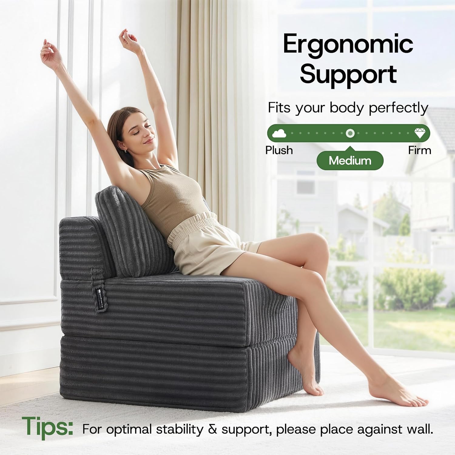4-in-1 Folding Sofa Bed Convertible Boneless Sleeper Chair Couch Foldable Lounger & Mattress Pocket Coil & Foam Fill Medium Support, Portable No Assembly for Living Room/Bedroom, Single