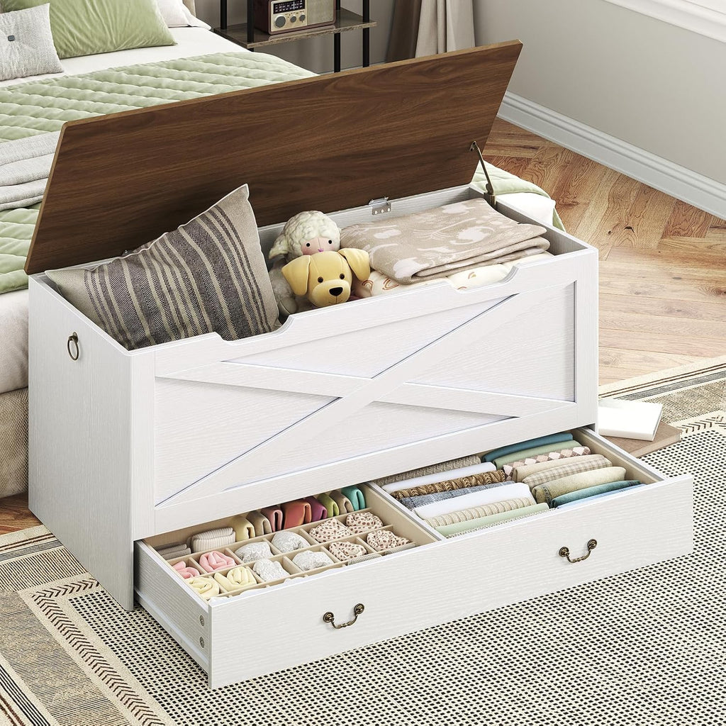 RALGEND Toy Chest, 39.4" Storage Chest with Drawer and Pull Handles, Wooden Storage Bench with Lift Top, Storage Trunk for Living Room, Bedroom, Entrance, White and Walnut