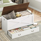 RALGEND Toy Chest, 39.4" Storage Chest with Drawer and Pull Handles, Wooden Storage Bench with Lift Top, Storage Trunk for Living Room, Bedroom, Entrance, White and Walnut