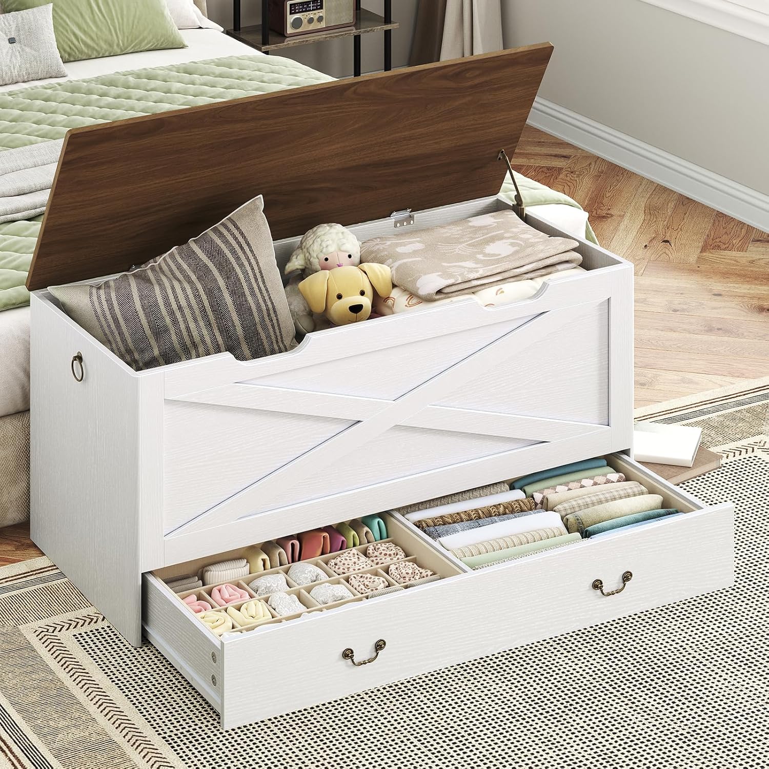 RALGEND Toy Chest, 39.4" Storage Chest with Drawer and Pull Handles, Wooden Storage Bench with Lift Top, Storage Trunk for Living Room, Bedroom, Entrance, White and Walnut