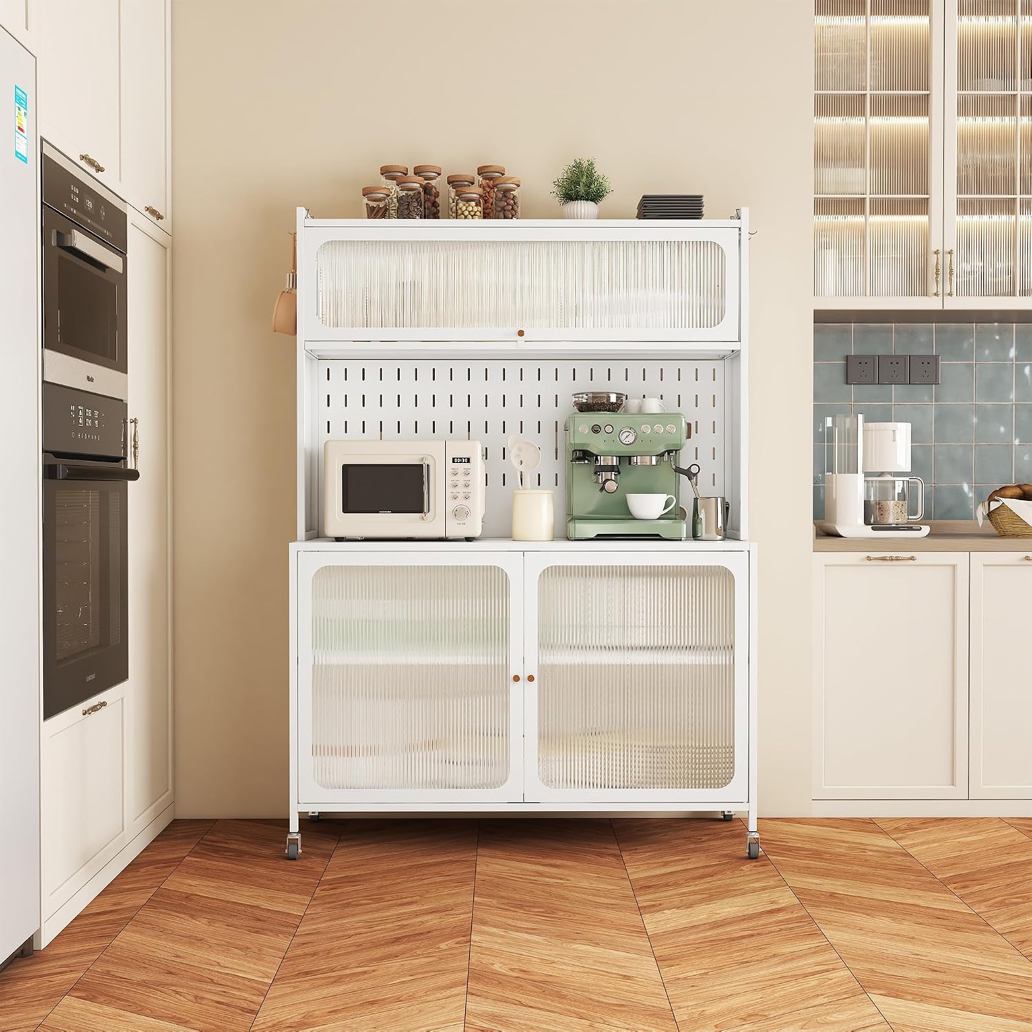 Kitchen Pantry Cabinet Tall Storage Cabinet with Glass Doors & Adjustable Shelves White Modern Cupboard for Kitchen Living Room Dining Room
