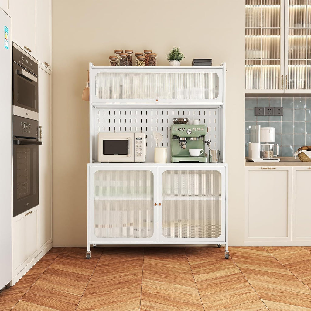 Rolling Kitchen Pantry Cabinet with 2 Glass Doors & Adjustable Shelves, Freestanding Metal Storage Credenza Organizer Utility Cupboard for Pantry, Kitchen, Bathroom,White