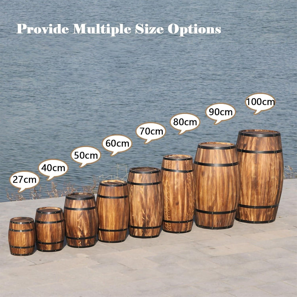 Rustic Whiskey Wine Barrel Side Table with Metal Bands, Solid Wood Barrel Accent Table for Home, Garden, Bar, Patio, Wedding & Event Decor(40cm/15.7in)