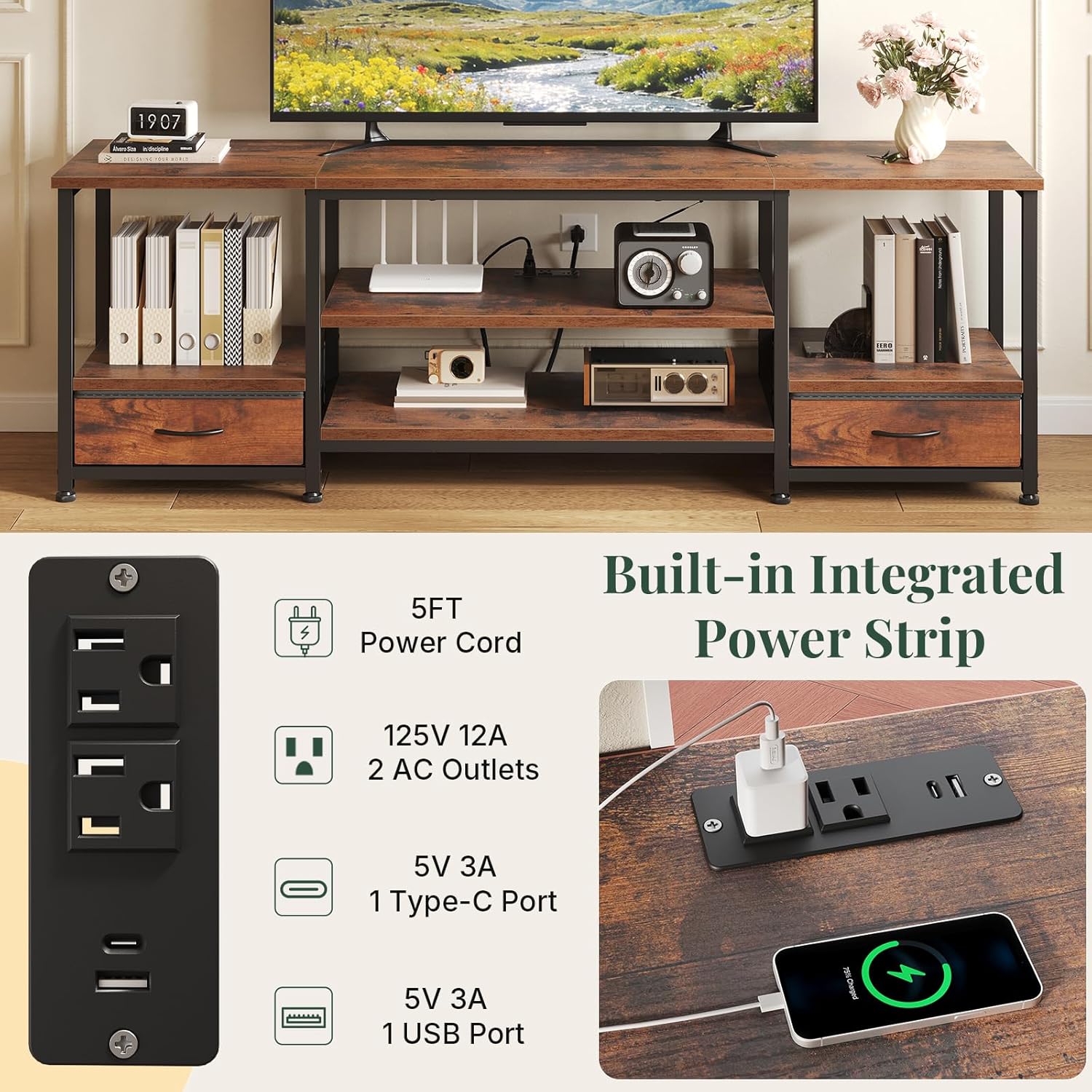 TV Stand for Living Room, Entertainment Center for TVs Up to 75 Inch, Industrial Media Console Table with Charging Station and Storage Drawers for Bedroom, Open Shelves, Rustic Brown