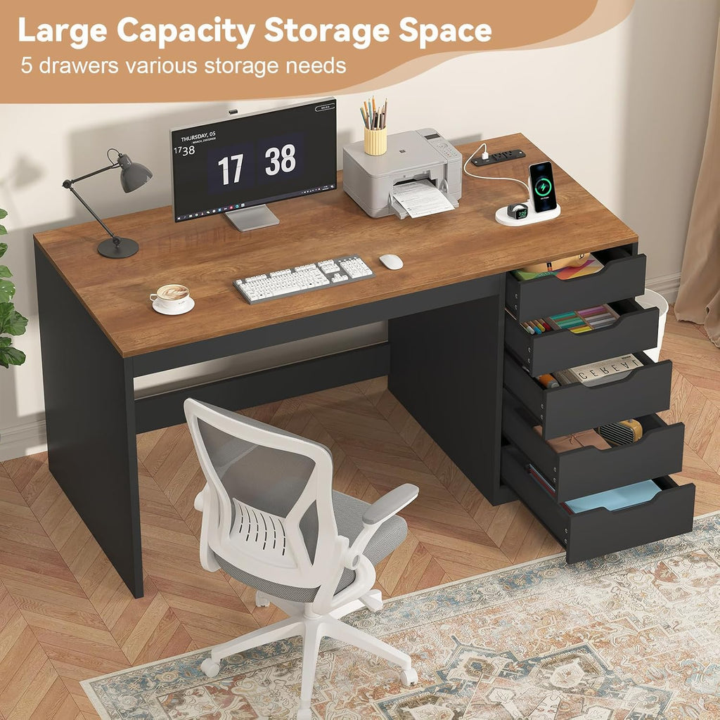 YOMILUVE 47 Inch Computer Desk with 5 Drawers and Power Outlets, Home Office Desks with Storage File Cabinet, Modern Simple Laptop Desk Writing Table for Small Spaces, Brown and Black