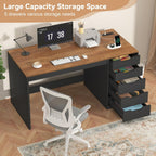 YOMILUVE 47 Inch Computer Desk with 5 Drawers and Power Outlets, Home Office Desks with Storage File Cabinet, Modern Simple Laptop Desk Writing Table for Small Spaces, Brown and Black