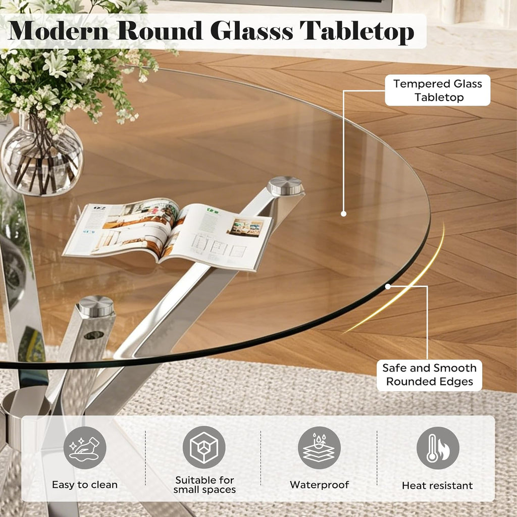 Baysitone Modern 3-Piece Dining Set with 36" Round Glass Table & 2 Woven Velvet Upholstered Dining Chairs, Silver Metal Table Legs, Kitchen & Dining Room Furniture for Small Spaces(Beige&Silver)