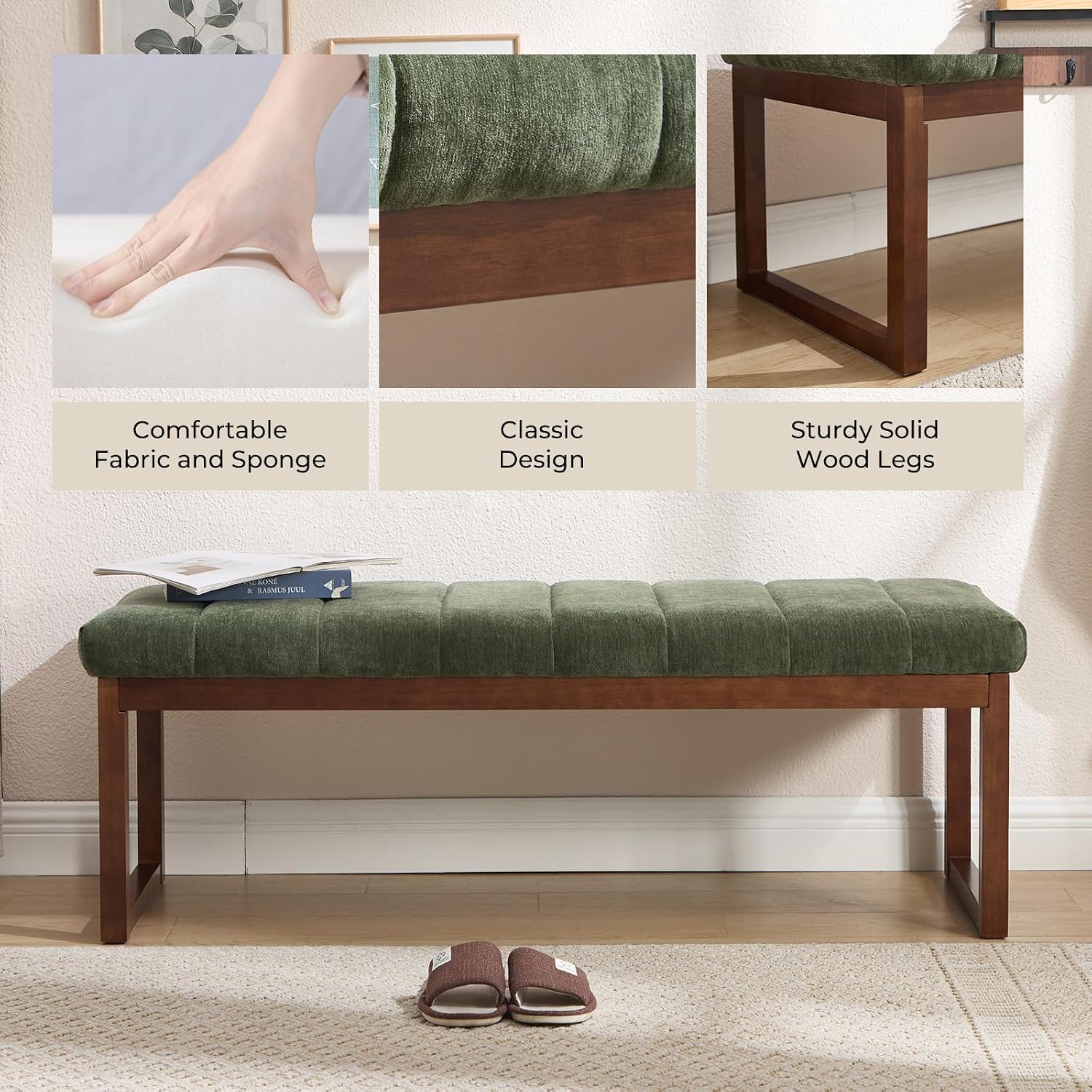 Bedroom Bench for End of Bed, 53.2" Modern Upholstered Chenille Fabric Entryway Bench & Window Bench, Footrest Stool Bench with Solid Wood Frame for Bedroom Living Room, Green