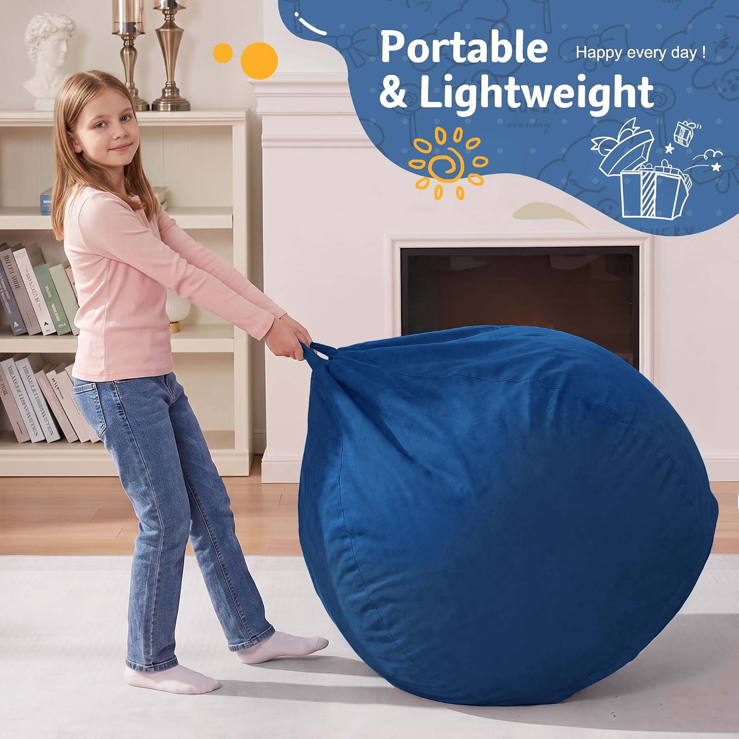 Homguava 2FT Bean Bag Chair: Bean Bags with Memory Foam Filled,Comfy Beanbag Chairs Round Bean Bag Sofa with Dutch Velvet Cover-2FT-28 x28 x22,Blue