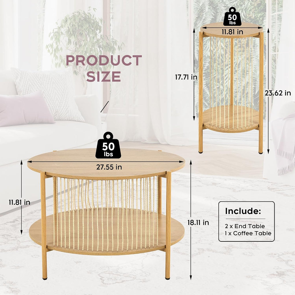 Brafab Natural Fiber Rope Coffee Table Set of 3 for Living Room, Round Rattan Coffee Table and Two End Tables, Boho 2 Tier Modern Side Table with Metal Frame for Apartment Office (Natural)