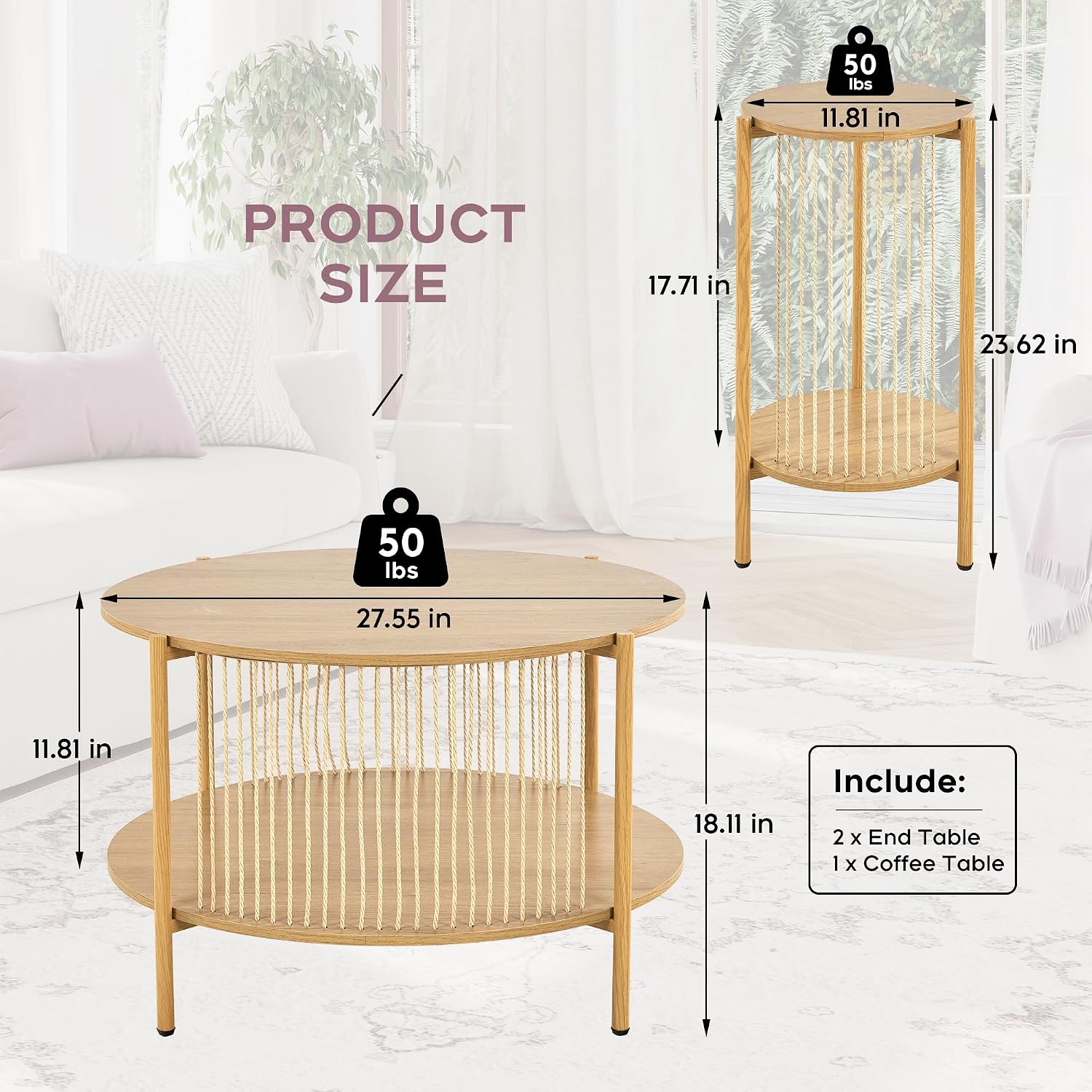 Brafab Natural Fiber Rope Coffee Table Set of 3 for Living Room, Round Rattan Coffee Table and Two End Tables, Boho 2 Tier Modern Side Table with Metal Frame for Apartment Office (Natural)