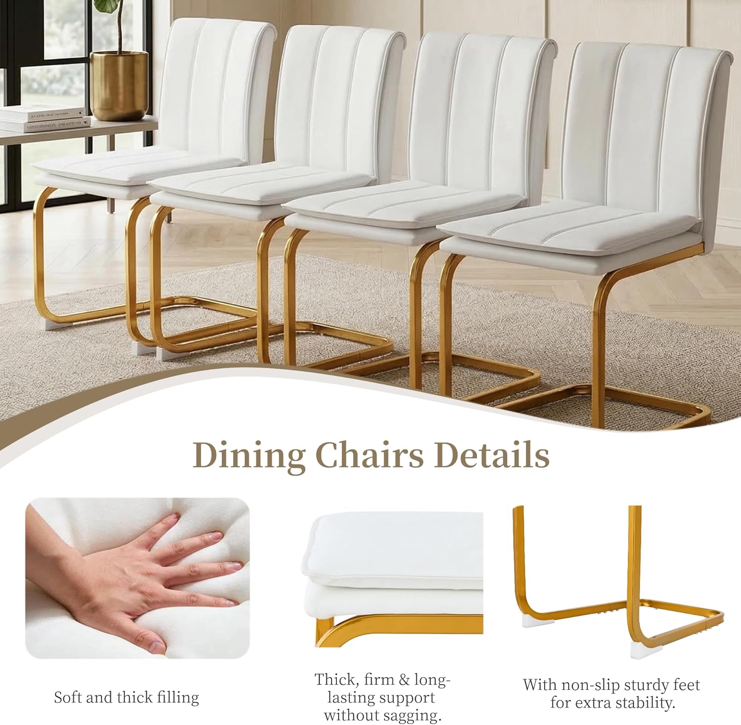 Meihua Dining Chairs Set of 4, PU Leather Modern Chairs with High Back and Metal Frame, Ergonomic Dining Room Chairs for Home, Office and Restaurant, White and Gold