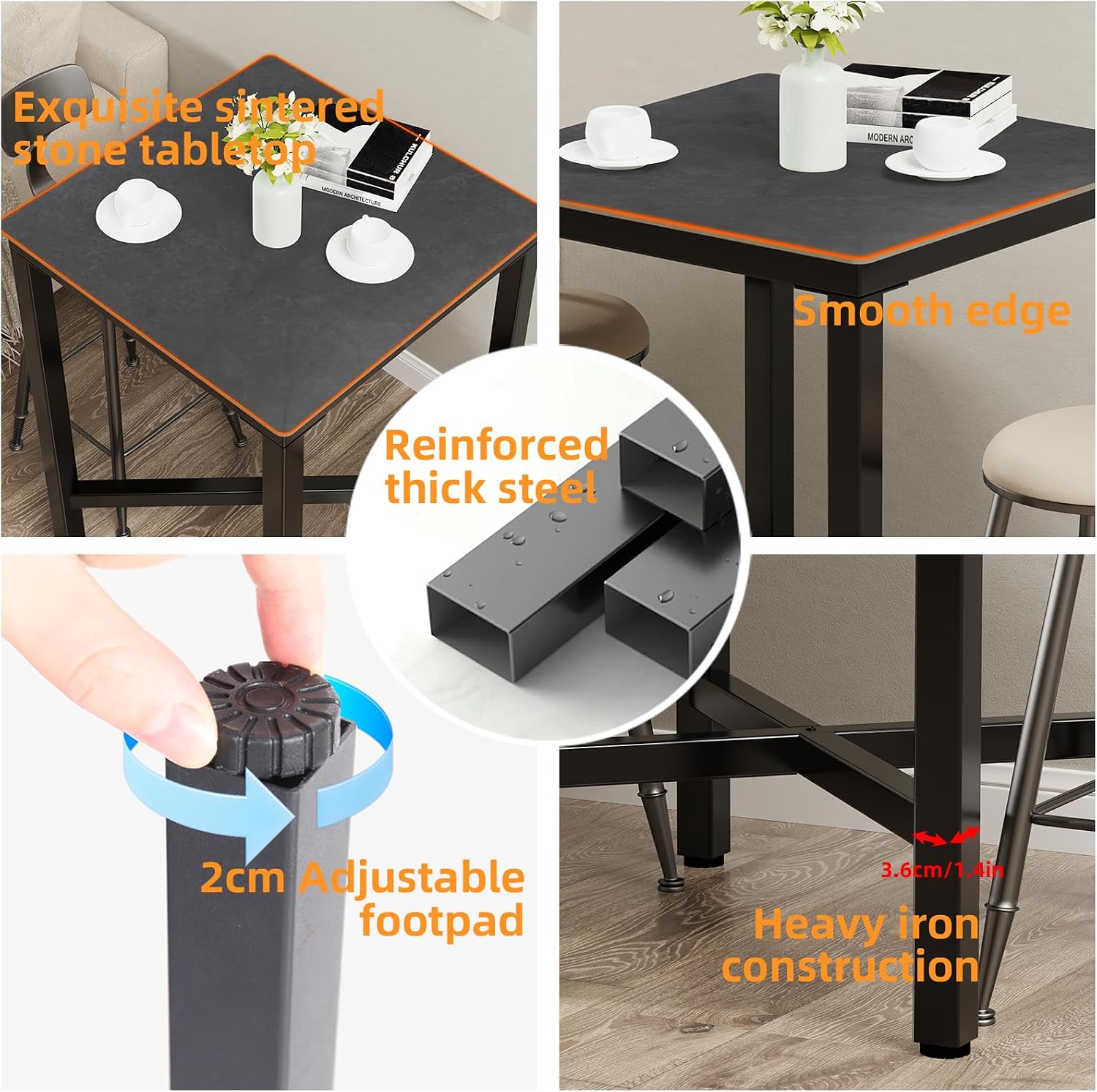 Wisfor Sintered Stone Bar Table: Black Mixed Grey Counter Height Dining Tables with Black Metal Frame - High Top Pub Bartables for Narrow Spaces (Square-Black)