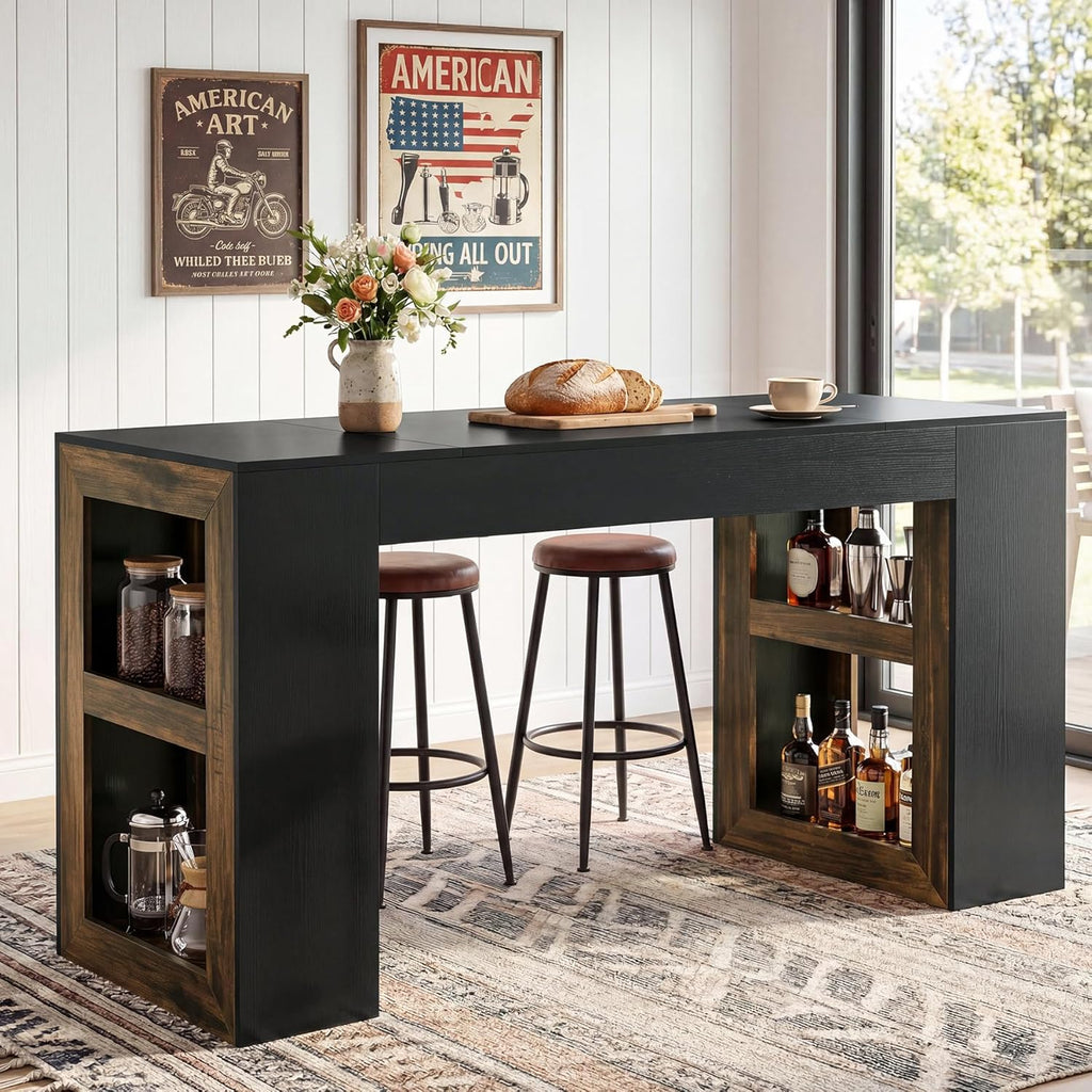 Tribesigns 63" Bar Table, Rectangular Counter Height Pub Table with Storage Shelves, Industrial Home Bar Units for Dining Room, Kitchen, Bistro, Restaurant, Black & Brown
