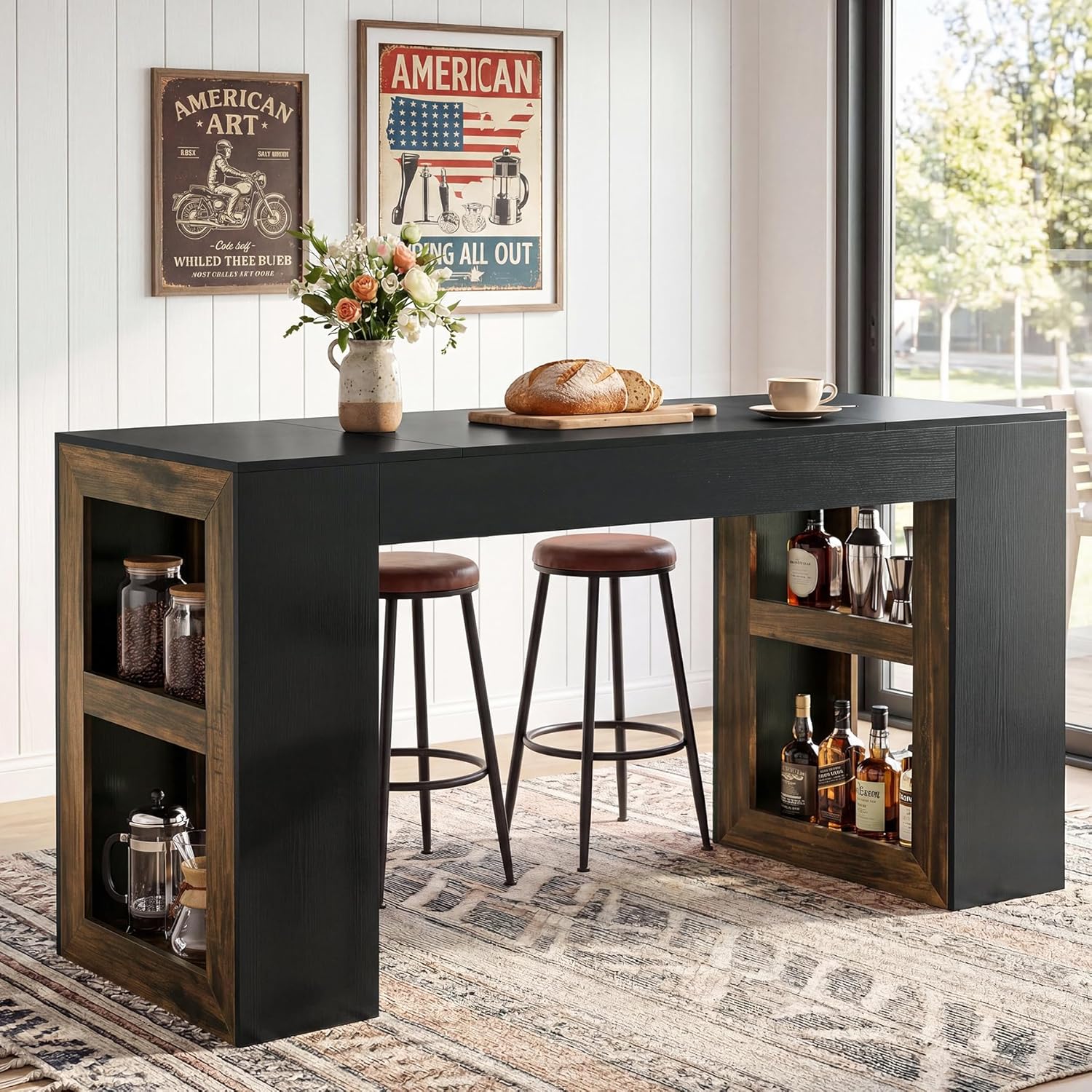 Tribesigns 63" Bar Table, Rectangular Counter Height Pub Table with Storage Shelves, Industrial Home Bar Units for Dining Room, Kitchen, Bistro, Restaurant, Black & Brown
