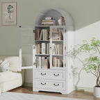 71" Tall Arched Kitchen Pantry Cabinet, Farmhouse Modern Wood Arched Cabinets with Glass Doors & 2 Large Drawers, Perfect for Kitchen, Dining Room, Living Room, Bathroom White