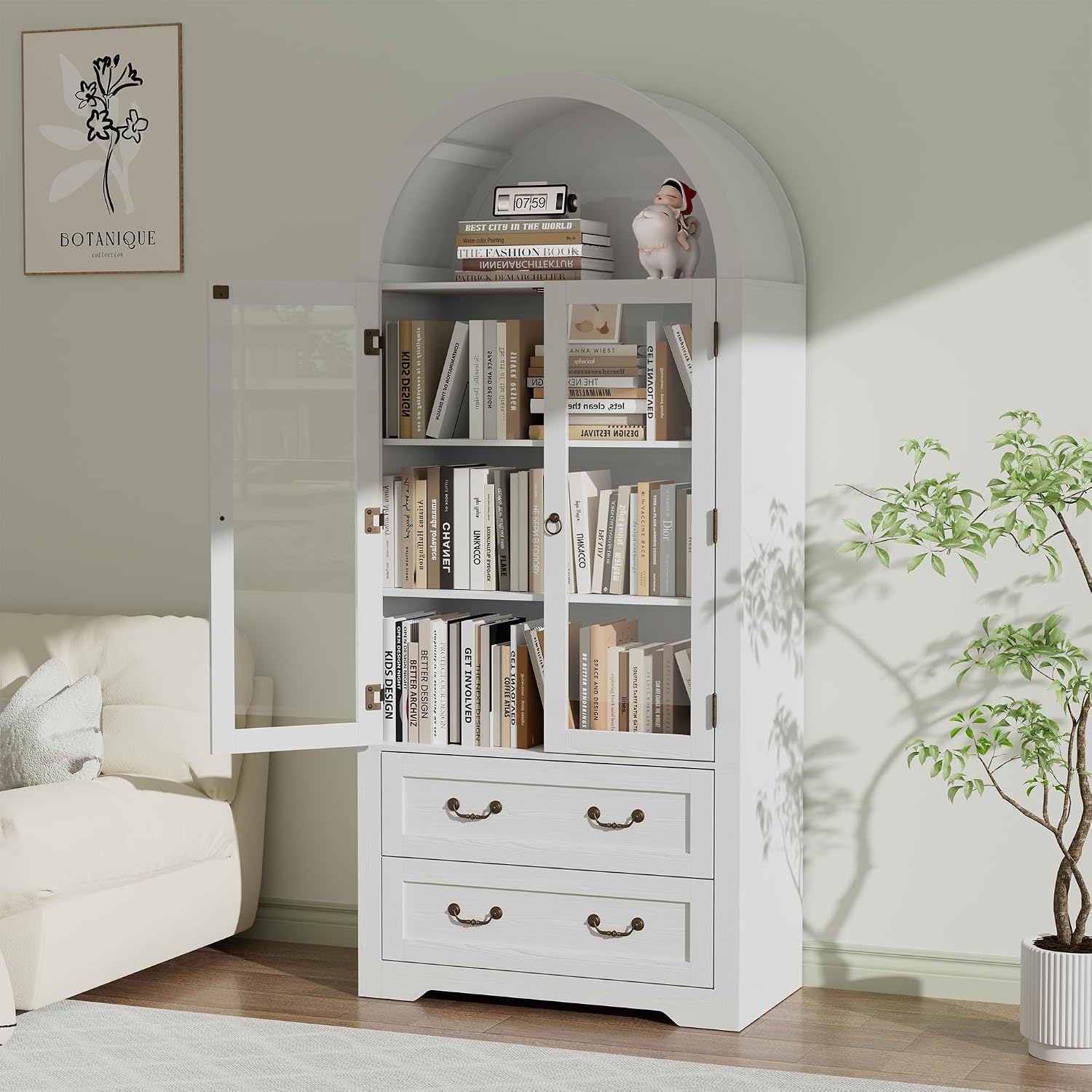 71" Tall Arched Kitchen Pantry Cabinet, Farmhouse Modern Wood Arched Cabinets with Glass Doors & 2 Large Drawers, Perfect for Kitchen, Dining Room, Living Room, Bathroom White