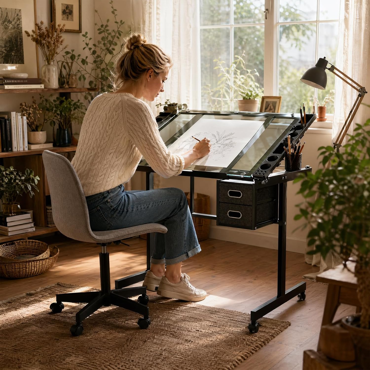 XEW Adjustable Drafting Table Desk Without Stool – Multi-Functional Art Desk for Adults, Drawing & Painting Table, Artist Desk & Drafting Table, Art Table, Tempered Glass Black C