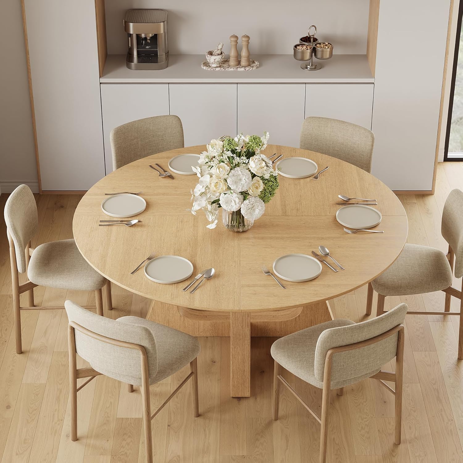 55.25" Round Dining Table for 4-6 People, Farmhouse Circle Kitchen Table with Geometric Base, Wooden Dinner Table for Dining Room Kitchen Living Room, Natural Oak