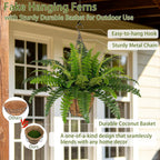 2 Set Artificial Hanging Ferns for Outdoors with Hanging Baskets, UV Resistant Artificial Outdoor Plants, Faux Ferns Outdoor Hanging Basket for Front Porch Garden