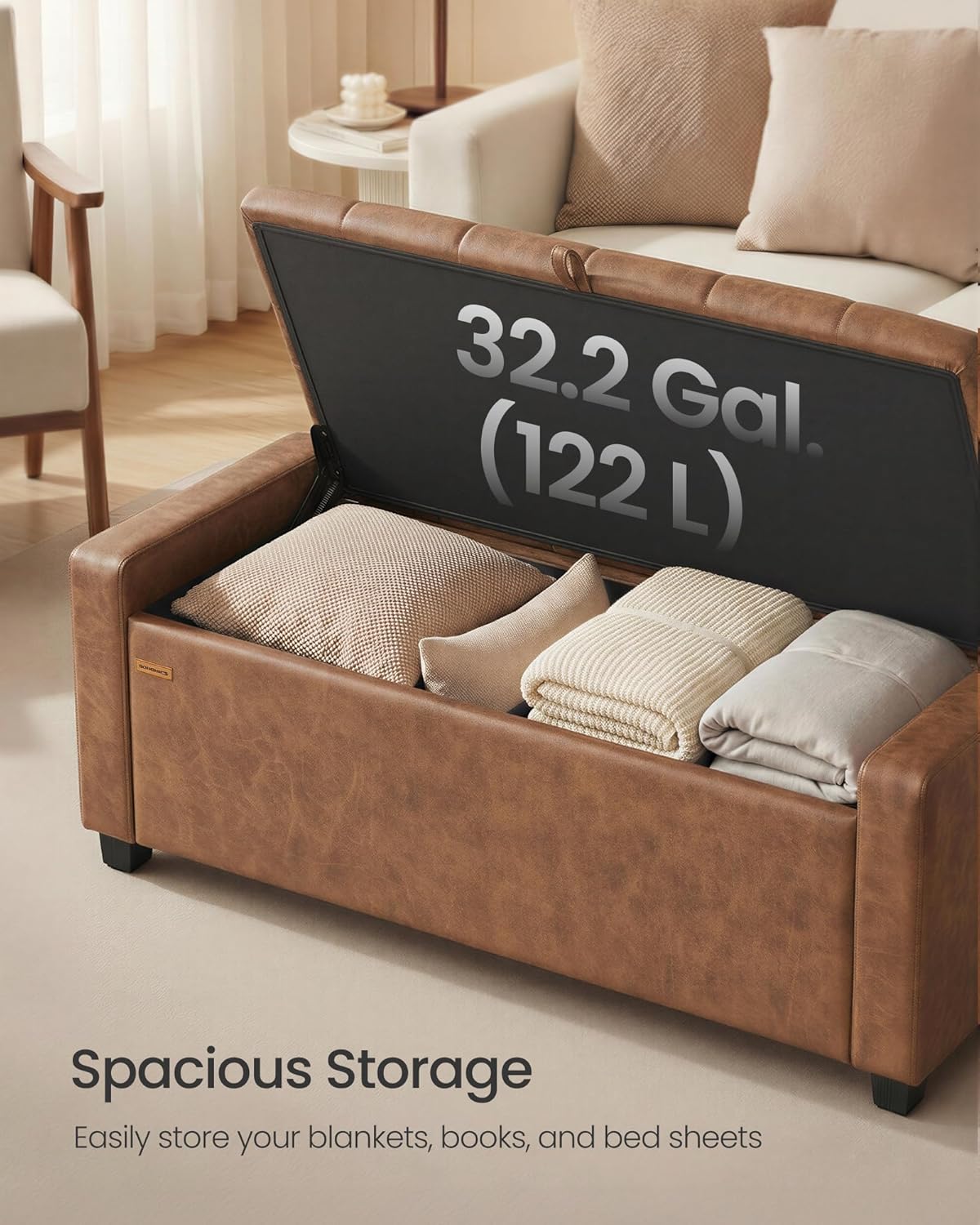 SONGMICS Storage Ottoman, Storage Chest Bench with Legs, End of Bed Bench with Safety Hinges, Pull Tab, for Living Room, Bedroom, 19.7 x 47.6 x 16.5 Inches, Synthetic Leather, Coffee Brown ULOM521KQ01