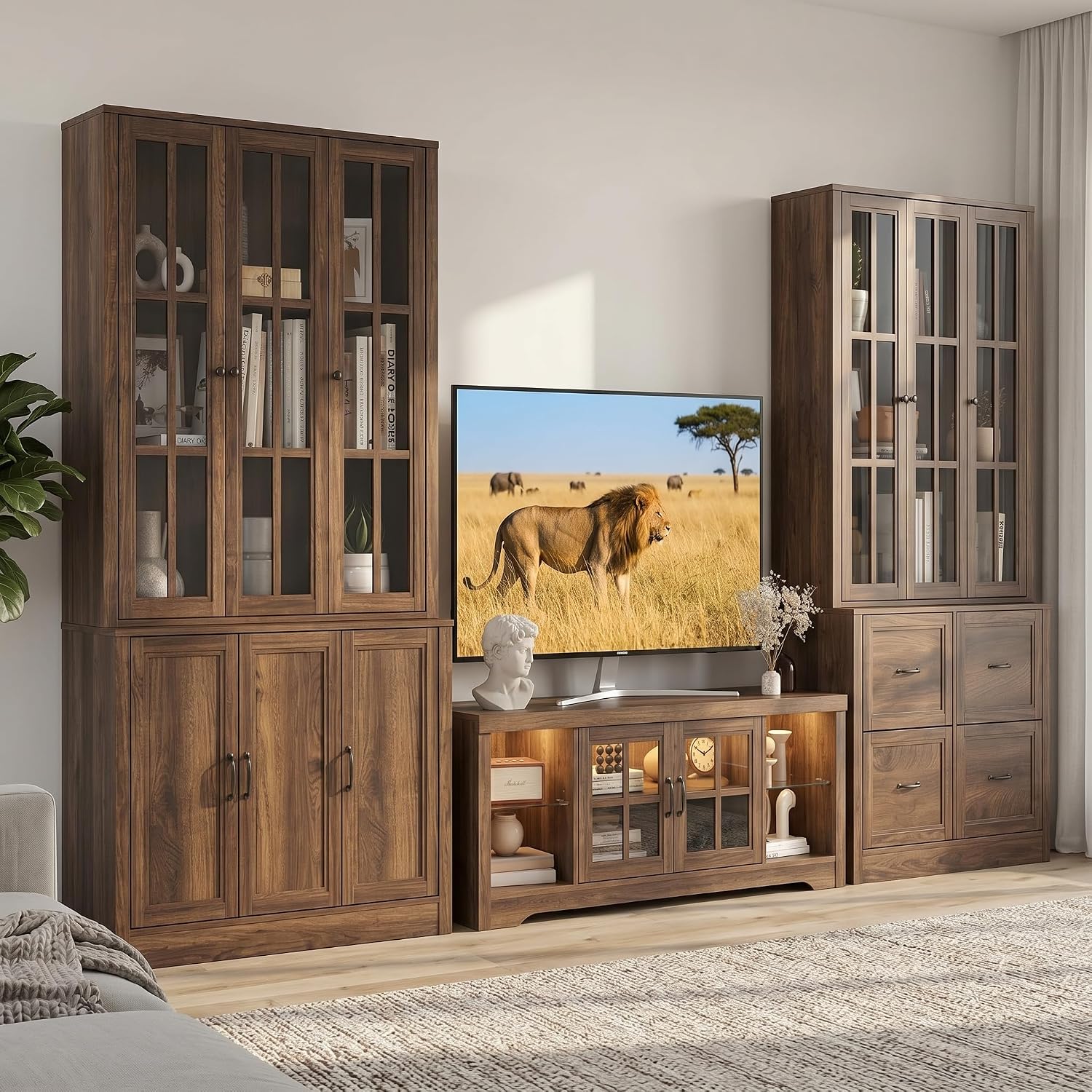 51" Tall Modular Pantry Storage Cabinet, Farmhouse Kitchen Pantry Cabinet with Adjustable Shelves & Glass Doors, Food Storage Cabinet for Kitchen, Living Room (1, Cracked Oak, 51 Inch)