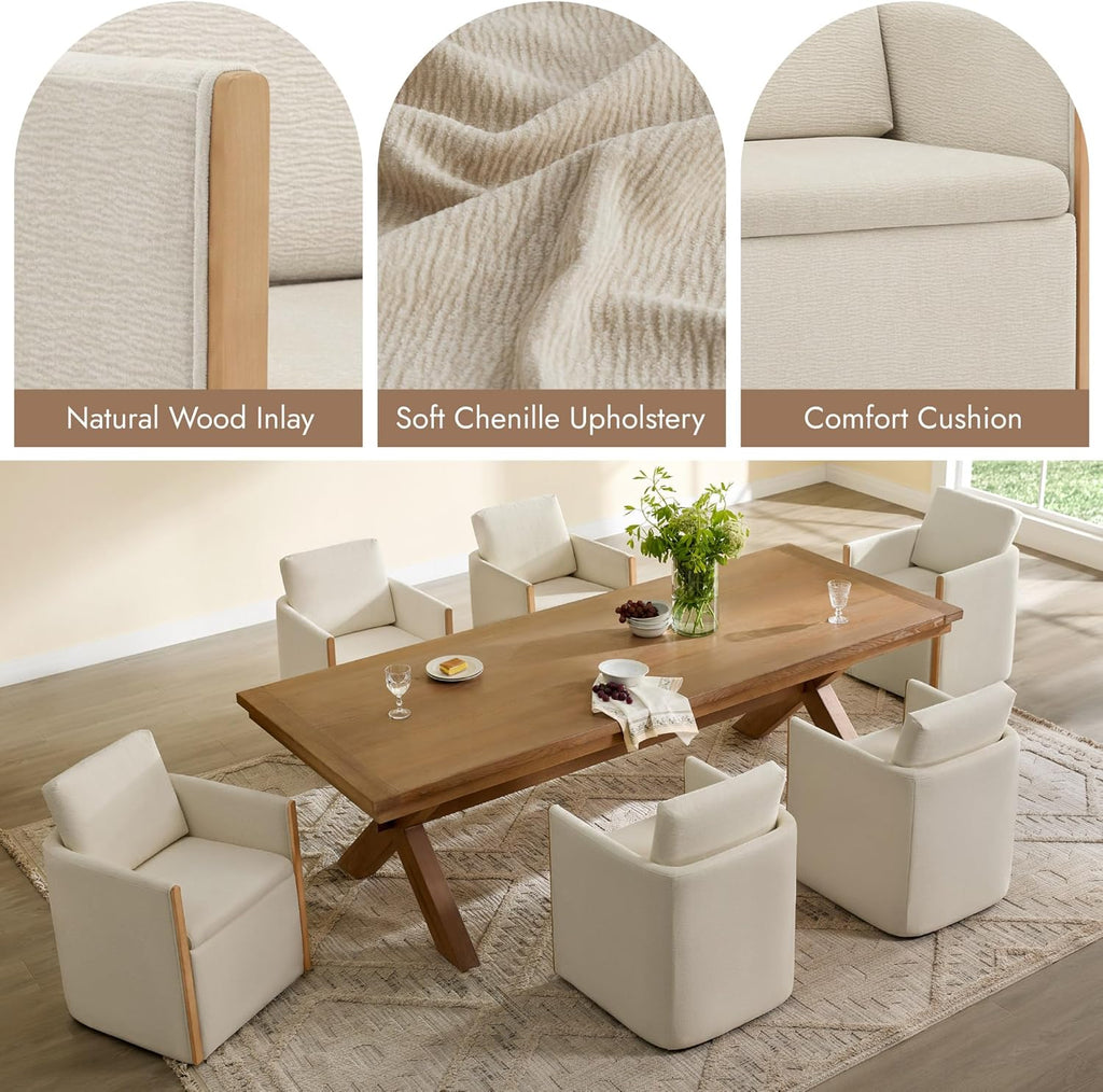 Watson & Whitely Upholstered Dining Chair with Casters, Modern Dining Room Chair with Hidden Seat Storage & Wood Arms, Rolling Dining Chair Chenille Armchair for Kitchen, Living Room, Linen
