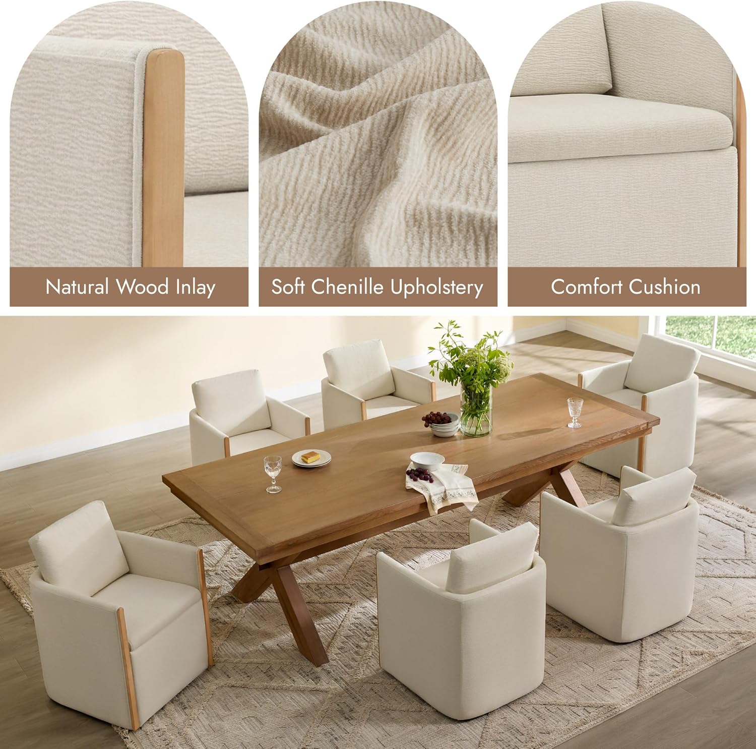 Watson & Whitely Upholstered Dining Chair with Casters, Modern Dining Room Chair with Hidden Seat Storage & Wood Arms, Rolling Dining Chair Chenille Armchair for Kitchen, Living Room, Linen