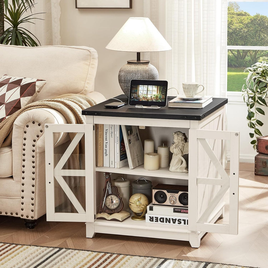 Joaxswe Farmhouse End Table Set 2, Narrow 18'' Night Stand with Glass Barn Door, 24" Square Side Table with Charger Station, Living Room Furniture Sets, Wood Nightstand Bedside Tables for Bedroom