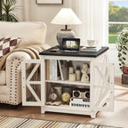 Joaxswe Farmhouse End Table Set 2, Narrow 18'' Night Stand with Glass Barn Door, 24" Square Side Table with Charger Station, Living Room Furniture Sets, Wood Nightstand Bedside Tables for Bedroom
