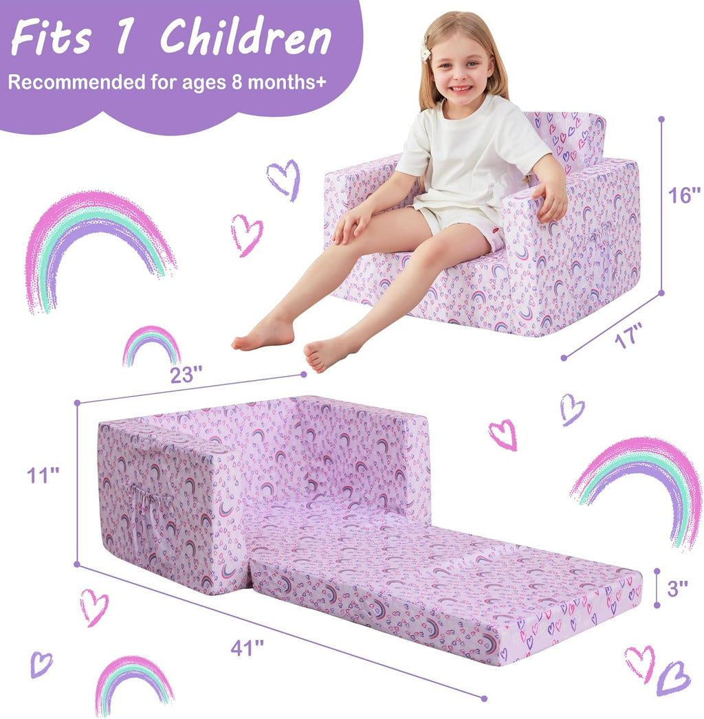 lasoftan Toddler Couch, 2-in-1 Soft Kids Couch Bed Fold Out, Toddler Chairs Comfy for Boys & Girls, Convertible Kids Sofa to Lounge for Playroom, Gift for Birthday, Children's Day - Purple Rainbow