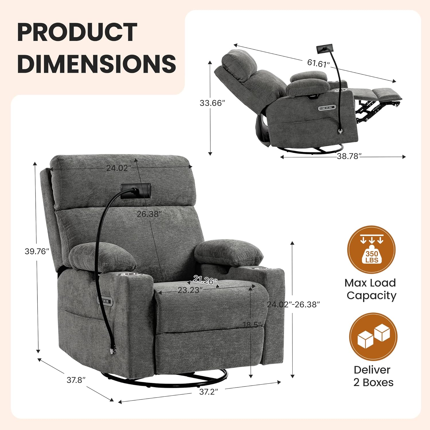 FiveWillowise Power Rocking Chair Nursery with Adjustable Armrests&Headrest, Glider Recliner Chair, Swivel Reading Chair with Electric Lumbar Support, Cup Holder, Nightlight and USB Ports, Grey