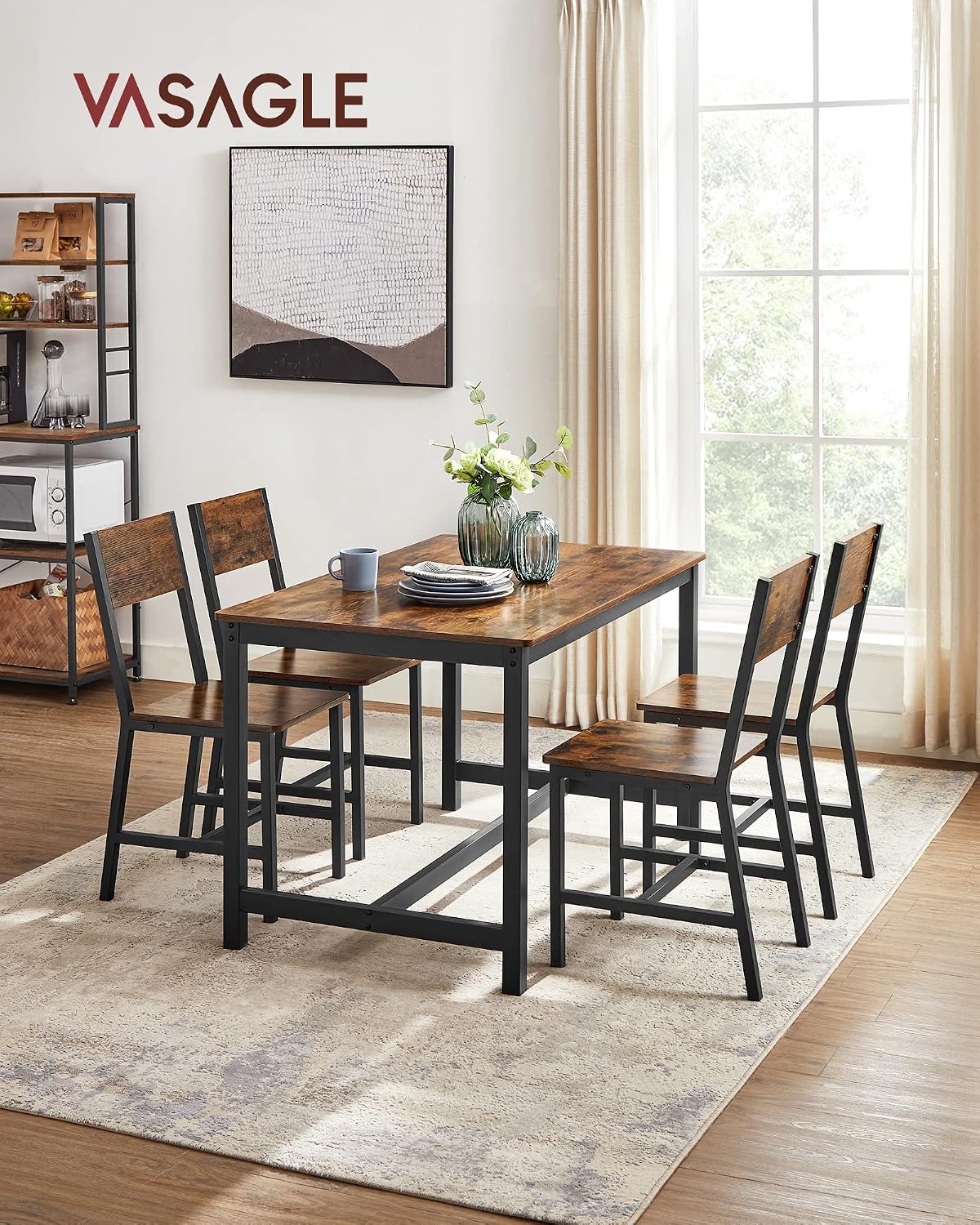 VASAGLE Dining Chair Set of 6, Wood Kitchen Chairs with Metal Steel Frame, Easy to Assemble, Comfortable Seat, Modern Farmhouse Chair for Kitchen, Bedroom, Living Room, Rustic Brown and Ink Black