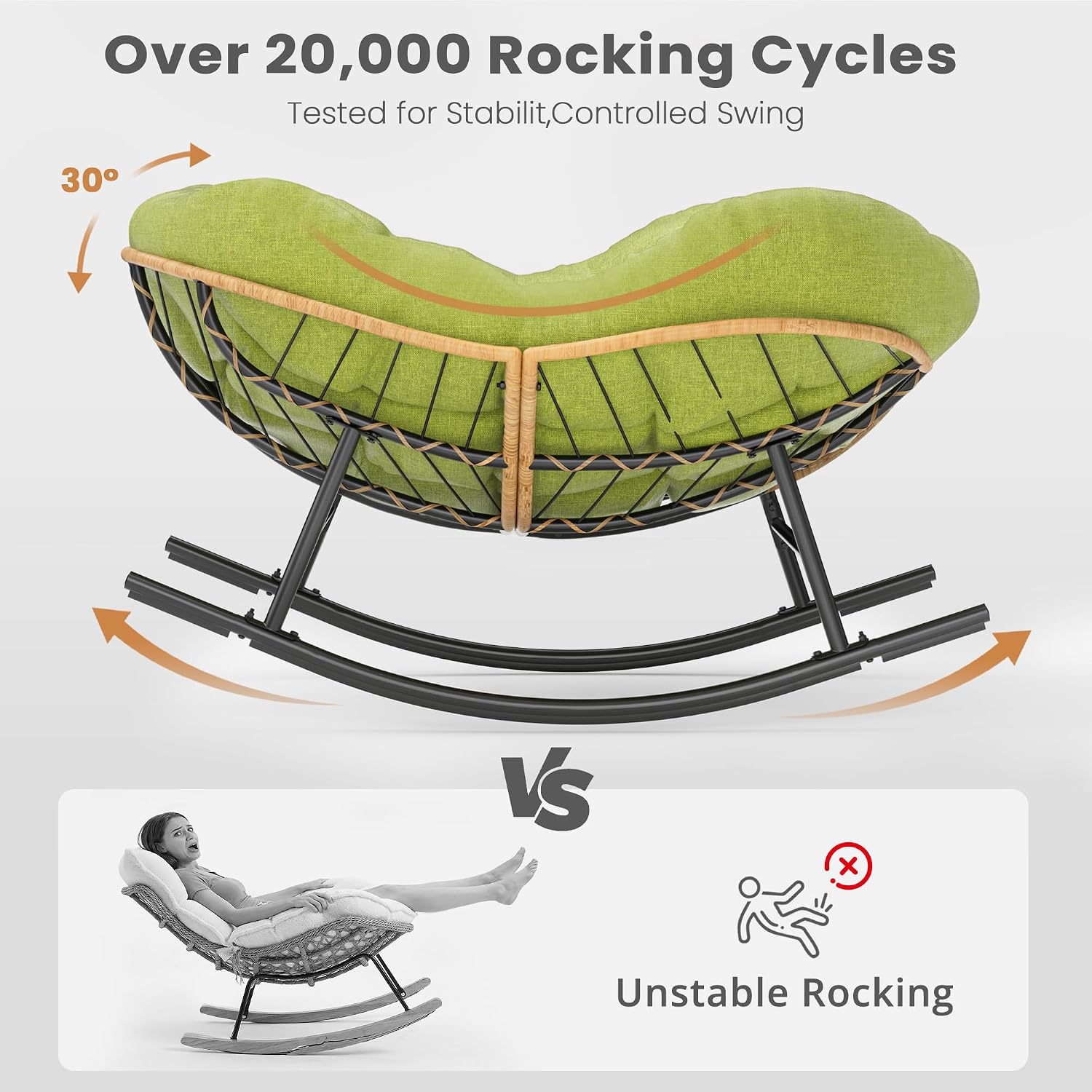 Easyego Oversized Papasan Rocking Chair with Ottoman for Indoor Outdoor Use, Comfortable Wicker Rocker with Cozy Thicken Cushion for Deck, Balcony, Poolside, Lawn, Bedroom, Living Room, Green