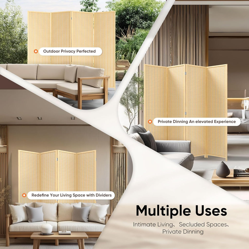 JOSTYLE Room Divider 4 Panel Folding Privacy Screen, Bamboo Room Divider Screen - 6 ft. Tall Wall Divider for Room Separation Freestanding Partition Separators, Beige, 70.9" H x 79.9" W