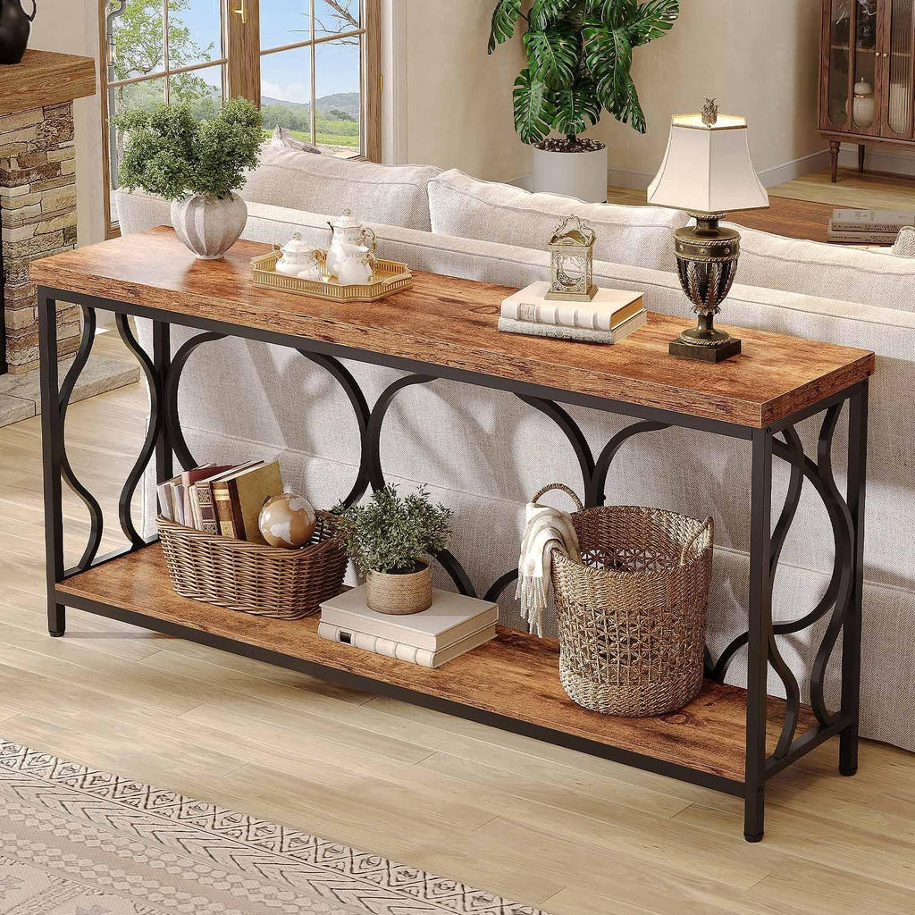 IBF 63 Inches Long Farmhouse Entryway Table, Rustic Wood Metal Sofa Console Table with Storage Shelves, Narrow Industrial Behind Couch Entry Hallway Table for Home Living Room, Rustic Brown Oak