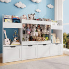 63"W Toy Storage Organizer, 132L Stuffed Animal Holder with 4 Rolling Drawers, 3-Tier Kids Bookshelf and 2 Storage Cubes, 4-in-1 Plush Toy Shelf for Playroom, Toddler Bookcase for Nursery, White
