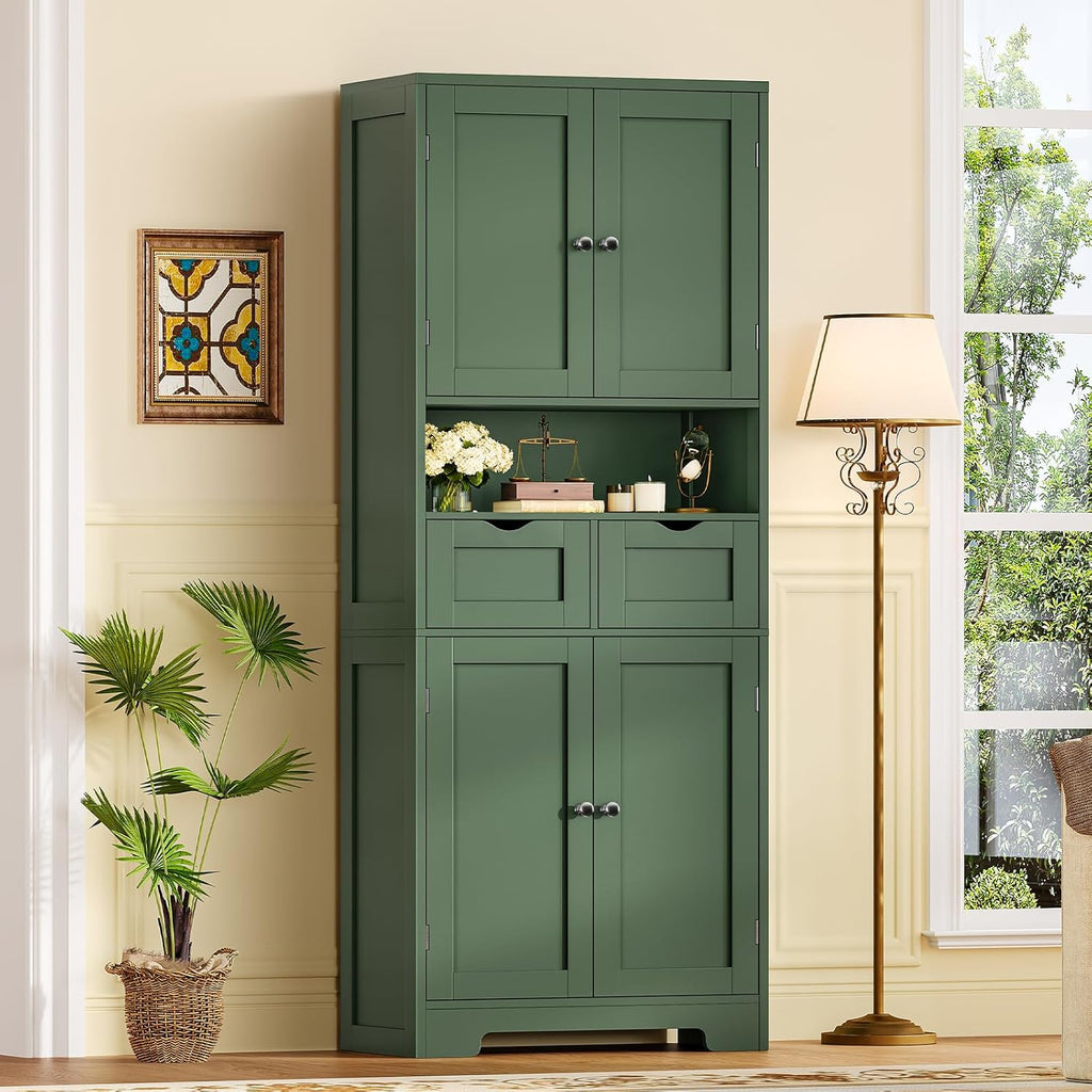 TEENFON Kitchen Pantry Cabinet with Adjustable Shelf, Tall Storage Cabinet with 2 Drawers & 4 Door Shelves, Food Pantry Cabinets, for Kitchen, Dining Room, Living Room, Green