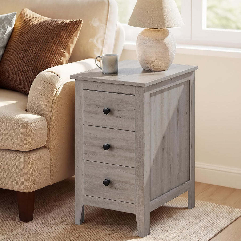 VASAGLE Liry Collection-Farmhouse Side End Table with 3 Drawers, Slim Nightstand with Storage, Narrow Bedside Table for Living Room, Bedroom, Office, Washed Gray, ULET132G101S