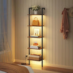 5-Tier Ladder Shelf with LED Light, Wall Mounted Bookshelf with Metal Frame, Rustic Brown — for Living Room, Bedroom or Office