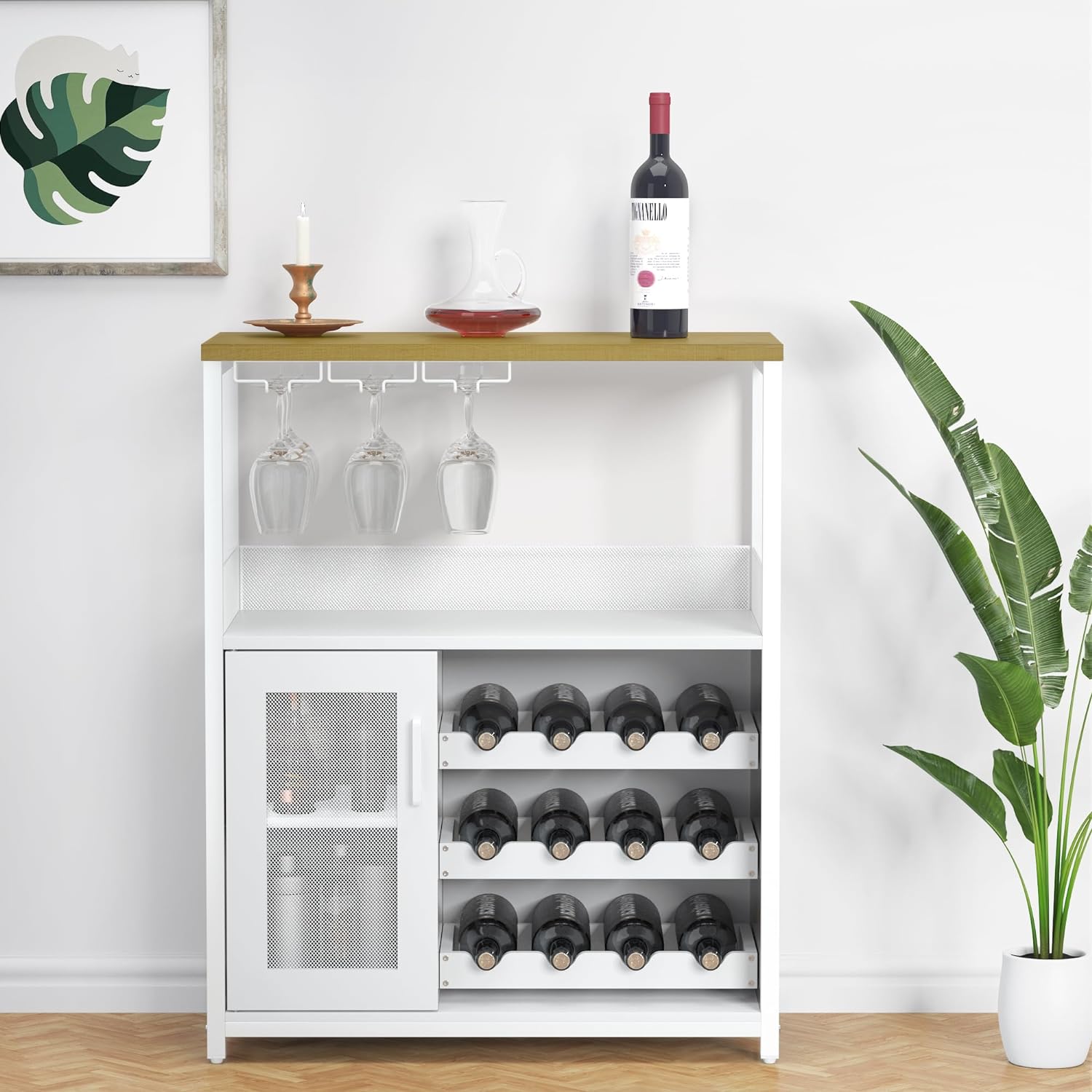 GAOMON Wine Bar Cabinet with Detachable Wine Rack, Bar Cabinet with Storage Space & Glass Holder, Mesh Door, Small Buffet Sideboard for Liquor and Glasses
