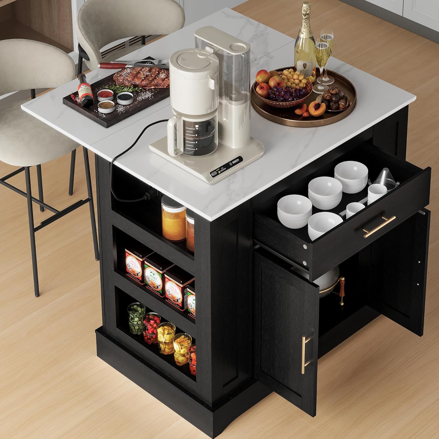 FUSUNBAO Large Kitchen Island with Storage, Drop Leaf & Outlet,Black | Power Outlet,Drawer, Adjustable Shelves, Side Open Compartments, Drop Leaf, Footrest
